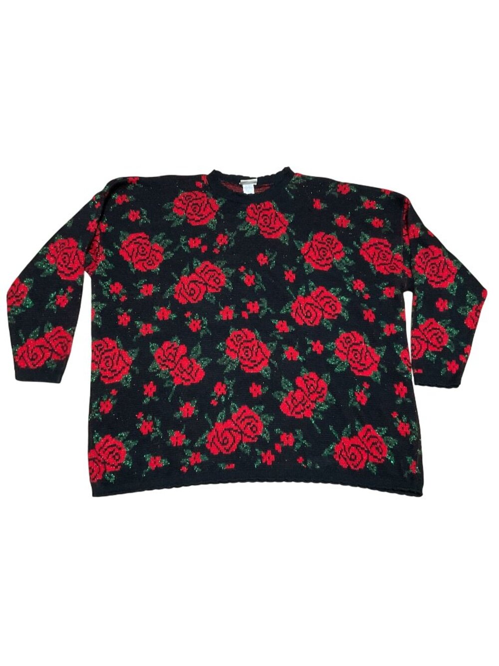 Vtg Just For Women 3X Sweater Black Red Rose Floral Glitter Acrylic Lurex USA